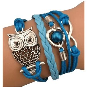 Multilayer Turquoise and Silver Owl and Charms Bracelet